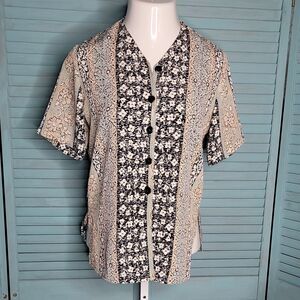 Tan Jay Petite Button Down Shirt Blouse ~ Sz 8 ~ Blue & Beige ~ Short Sleeve